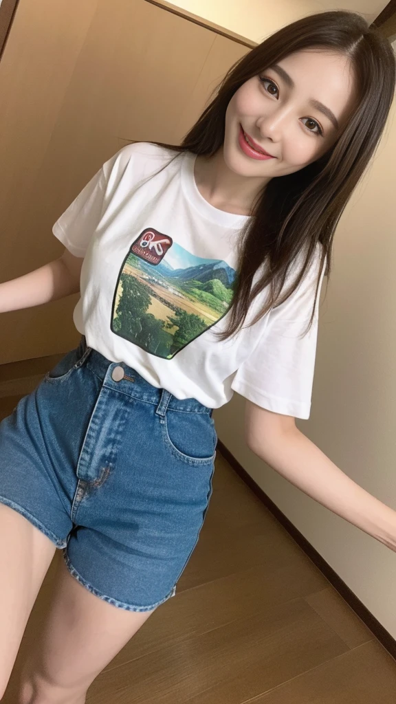 seed:2020674263.((Full body angle:1.1)).((Highest quality, 8K, masterpiece:1.3)), ((from below:1.1)).concentrated:1.2, Perfect body beauty:1.4, Hips:1.2, ((Delicate Hair)), (Colorful T-shirts、Shorts、pajamas :1.1) , ((Highest quality、8k、masterpiece:1.3))、1 Girl、A sloppy smile、Esbian all over、Slim face、Big Boobs、Beautiful woman、(Dark Brown Hair)、Long Hair、1.1、Flickering Valley、Detailed eyes、double eyelid、Blurred Background、超Slim face、Smile、Looking down、living、