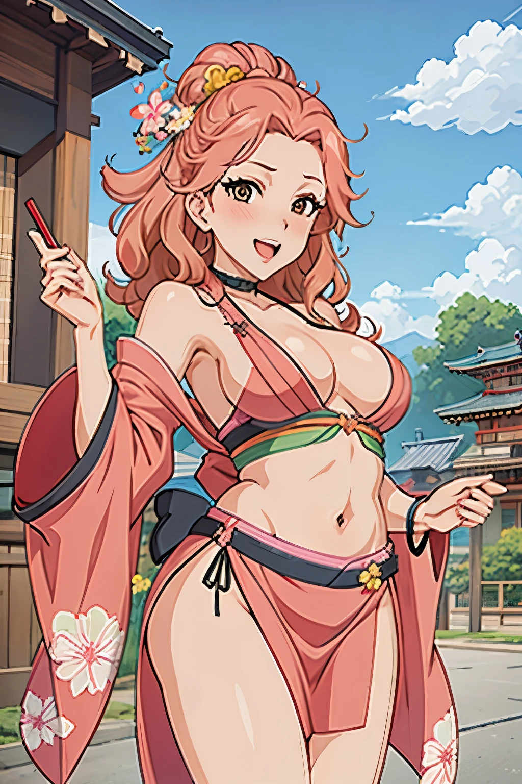 hamakawa_ayuna, 1woman solo、、おでこ、curlhair、ピンクhair、blush, lipstick, crazy eyes , masterpiece, best quality, highly detailed, a anime girls in kimono dress with a sword posing for a
picture, bare shoulder,open kimono, evil smile, open mouth, crop top , (nsfw) not safe for work, smile,
ecchi anime style, anime girls, ecchi style, ecchi, digital anime art!!, in anime style, official artwork, visual
novel cg, beautiful anime girl, anime style 4 k, kimono pencil skirt, exposed belly, exposed navel,
exposed midriff, exposed lower belly, outdoor, japanese architecture, temple