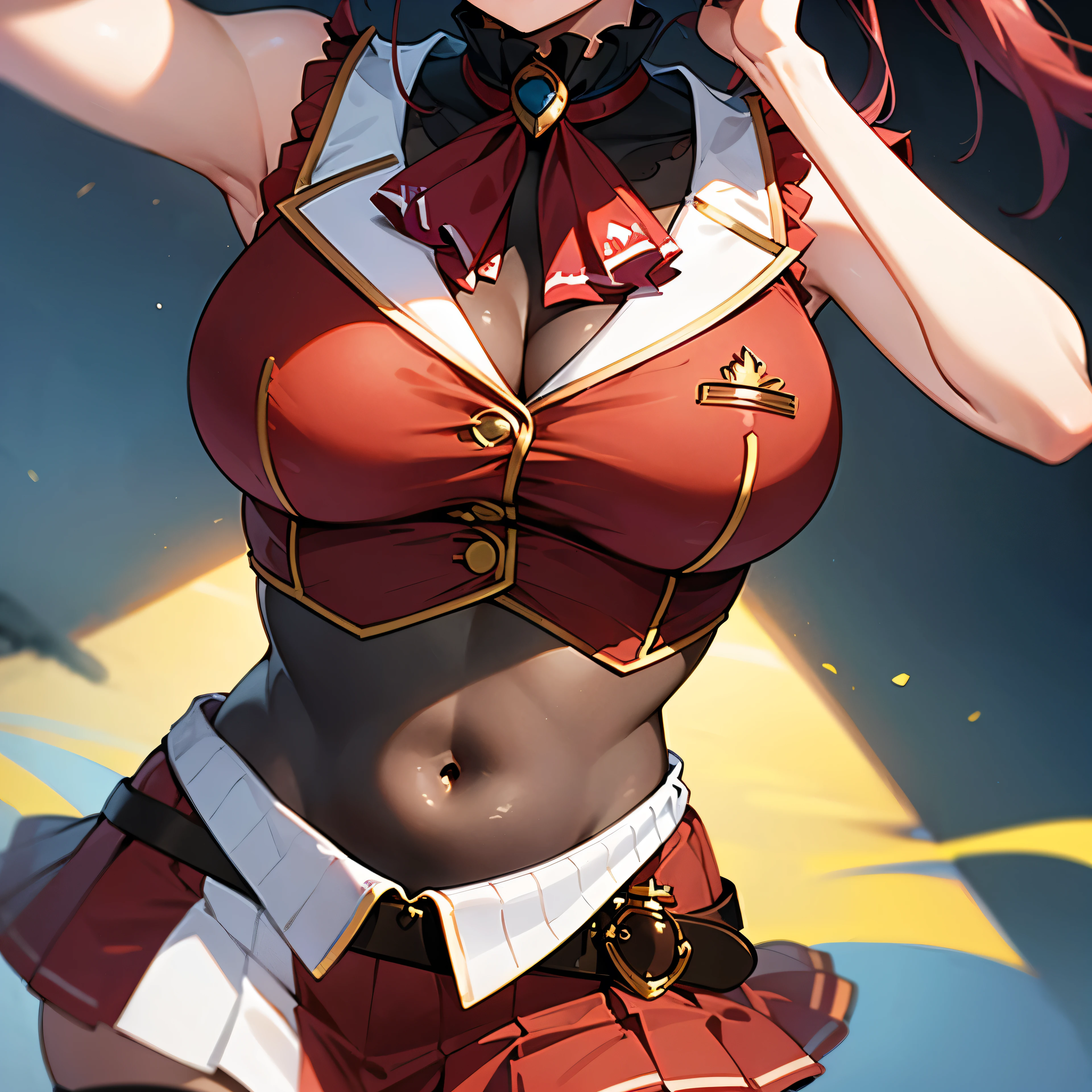 head out of frame, (covered navel:1.4), (navel close-up:1.4), navel focus, front view, ,bbmarine, twintails, heterochromia, red ascot, bare shoulders, red shirt, bare arms, sleeveless, see-through, (leotard under clothes:1.2), covered navel, belt, pleated skirt, red skirt, black thighhighs, 