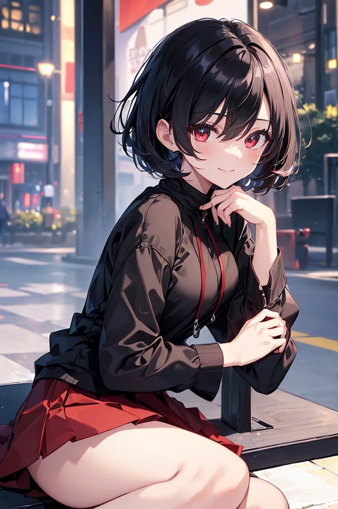 (masterpiece, highest quality, highest quality, (No text), Beautiful and aesthetic:1.2),No text,アニメ、BREAK,One Girl,Black Hair Girl short hair Tree Eyes Beautiful eyes Red eyes cool smile Red and Black mini skirt Whole body Detailed eyes and face Night in the city