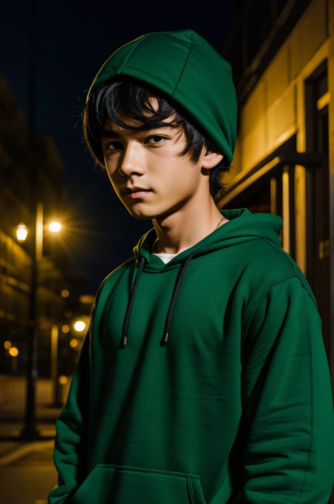 Anime boy with green sweatshirt in the dark
