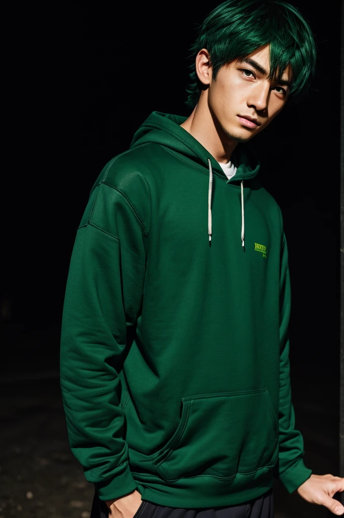 Anime boy with green sweatshirt in the dark