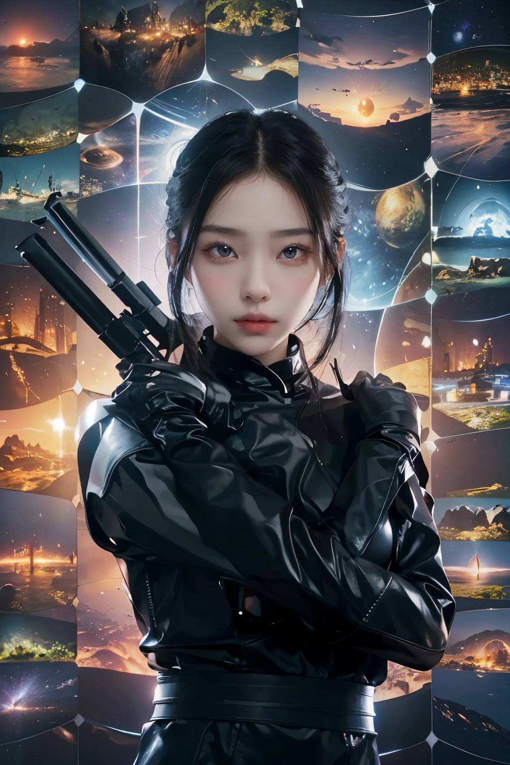A beautiful woman. Black hair. 22 years old. Beautiful double eyes. The bridge of my nose. Well-shaped lips. She is looking at the camera with a serious expression. She is wearing futuristic black metallic clothing. Images of countless worlds in the space behind her. An image of a parallel world.