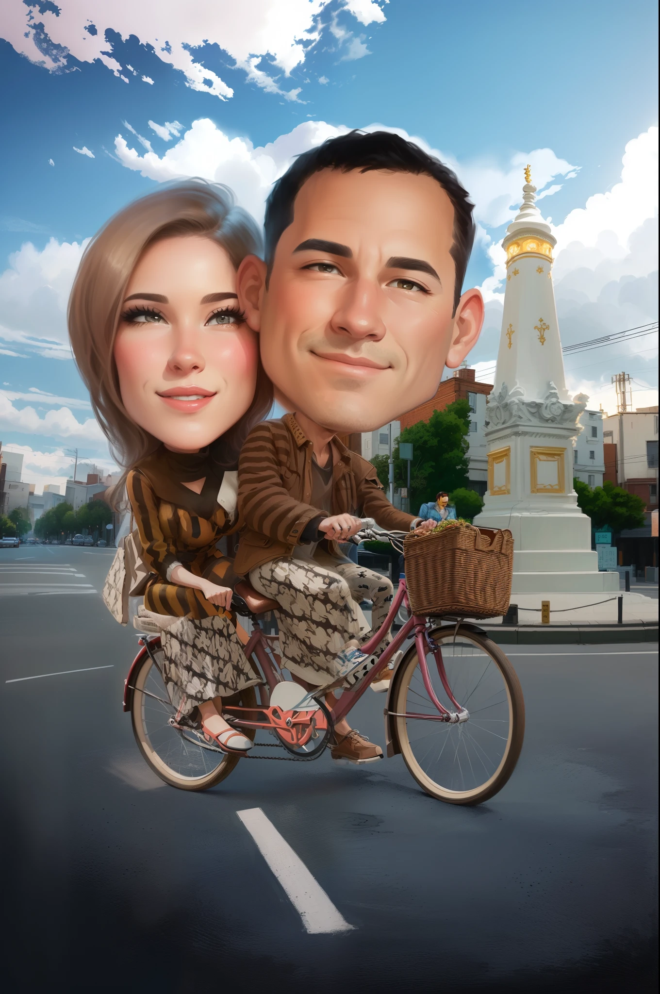 arafed image of a man and woman riding a bicycle, caricature illustration, caricature, digital art cartoon, cartoon digital art, caricature style, cartoon portrait, cartoon artstyle, caricature!!!, cartoon digital painting, in cartoon style, happy couple, couple portrait, digital cartoon painting art, couple, potrait, realistic portrait photo, cartoon art, realism artstyle