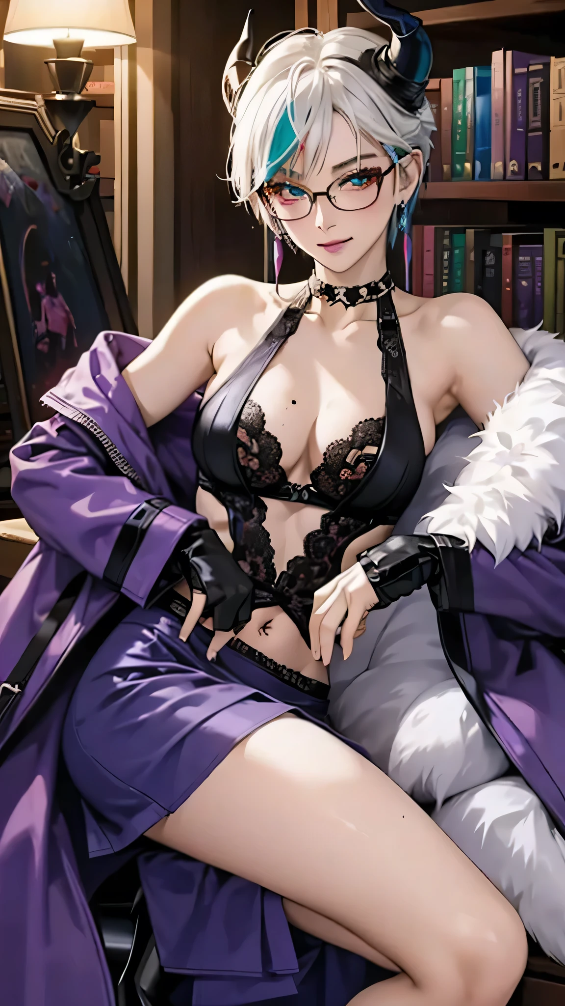 8k, masterpiece, best quality, highly detailed, 1 girl, tiefling, warlock, multicolored hair, very short straight hair green highlight hair on white hair, strippled hair, wearing glasses, round glasses, earrings, red eyeshadow, long eyelashes,navel piercing, blushed cheek, necklace, collarbone, high heels, mole, glamorous, purple and teal clothing, villainy, smirk, seductive face, fullbody view, rings, looking at viewer, standing, demon horns, solo, hand touching cheek, library, black lace gloves, holding book, miniskirt.