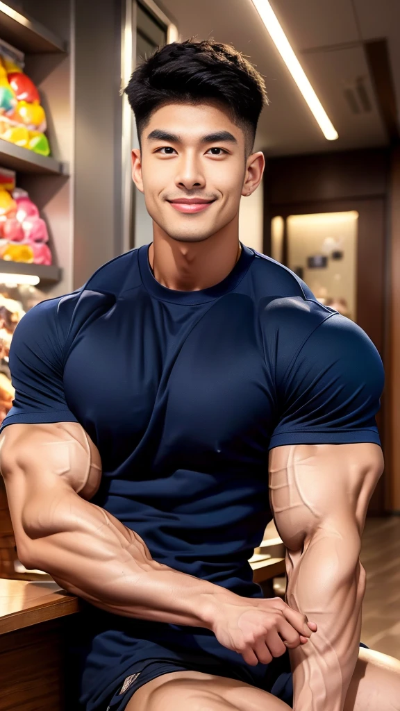 korea male male model sit on the table , big muscles, handsome, cool, smoothly combed hair, pierced ears, wearing a t-shirt navy top, holding a lollipop, portraiture, modeling, dynamic pose, Japanese street, late at night, store lights trade, full half body shot, smile open mouth, fullbody