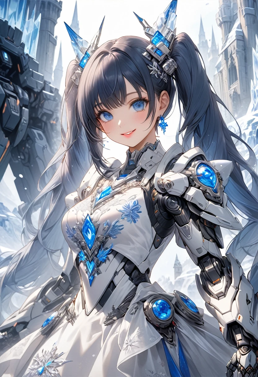 1 girl A picture of her standing in front of an ice castle wearing a fancy frilly dress made of mechs.Mechanical dress like robot armor,The dress is mainly white and blue, with some decorations visible. Many mechanisms can be seen from the dress.Luxurious barrette with white and blue mecha,beautiful detailed eyes, beautiful detailed lips, extremely detailed face, long eyelashes, blue hair, twin tails, blue eyes,Beautiful smile,The ice castle is gorgeous and completely transparent.Standing in a magical pose in front of a castle in a fantastic ice world 、perfect five fingers,cowboy shot,(best quality, 4k, 8k, highres, masterpiece:1.2), ultra-detailed, 