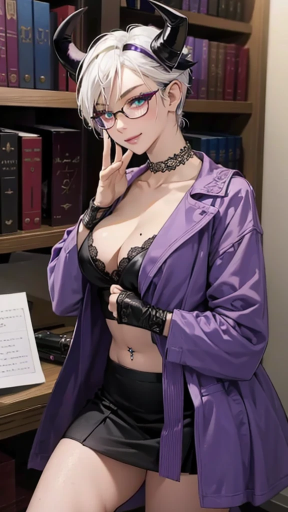 8k, masterpiece, best quality, highly detailed, 1 girl, tiefling, warlock, multicolored hair, very short straight hair green highlight hair on white hair, strippled hair, wearing glasses, round glasses, earrings, long dress with side cut, lace dress, red eyeshadow, long eyelashes,navel piercing, blushed cheek, necklace, collarbone, high heels, mole, glamorous, purple and teal clothing, villainy, smirk, seductive face, close up view, rings, looking at viewer, standing, demon horns, solo, hand touching cheek, school, black lace gloves, holding book, sensei, miniskirt.