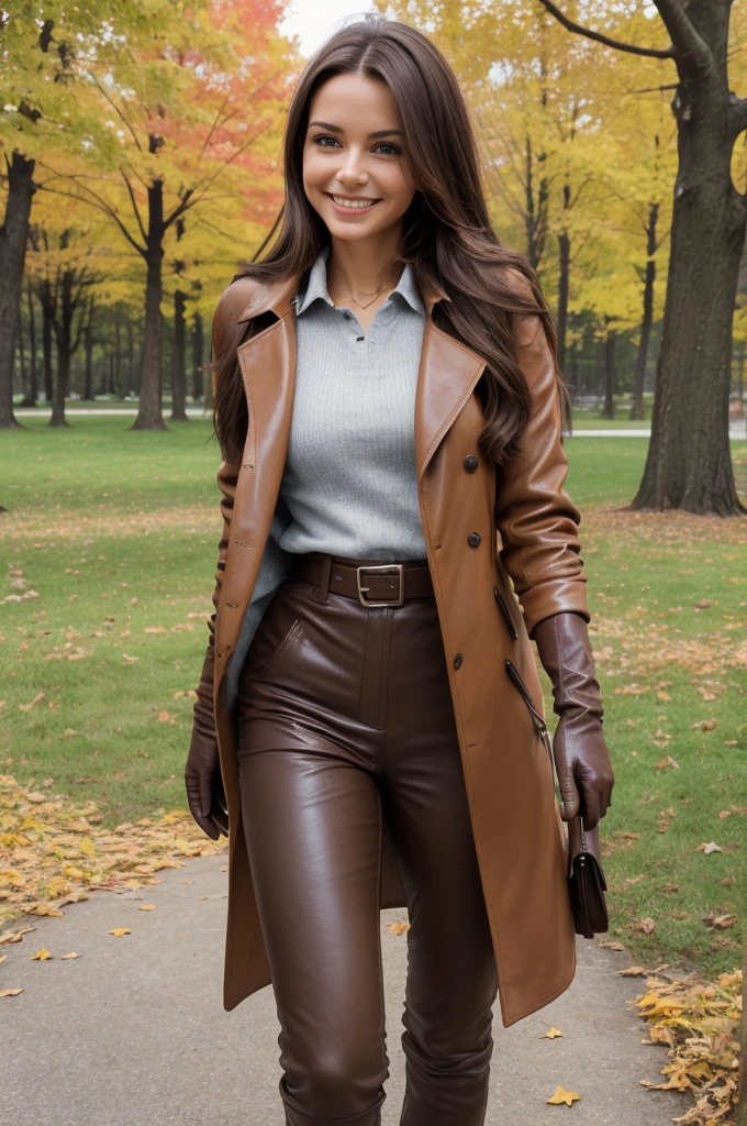 Smiling serbian woman walking in the park. A close portrait, long brown haired woman. She's wearing a belted dark brown trench coat, ((brown leather gloves)), skinny trousers a shirt with a sweater and knee high boots, also she's carrying a backpack on her back. Fall-winter season. Perfect fitness body anatomy, rounded hips. Photorealistic. Realistic colors. Realistic lights. [Increase saturation and contrast] Masterpiece. Realistic anatomy. Highly detailed. Ultra high quality.