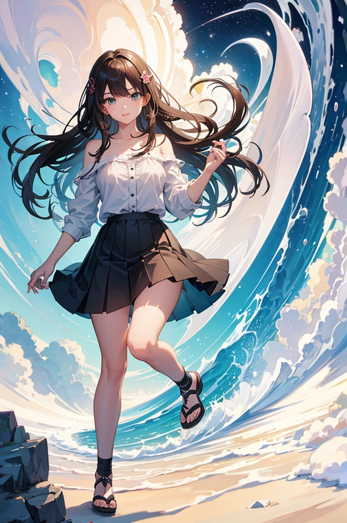 18 year old beautiful girl, masterpiece, best quality, 8K animation, detailed fingers, precise fingers, not unnatural hands, illustration, 1 girl, solomini skirt, YUI mad