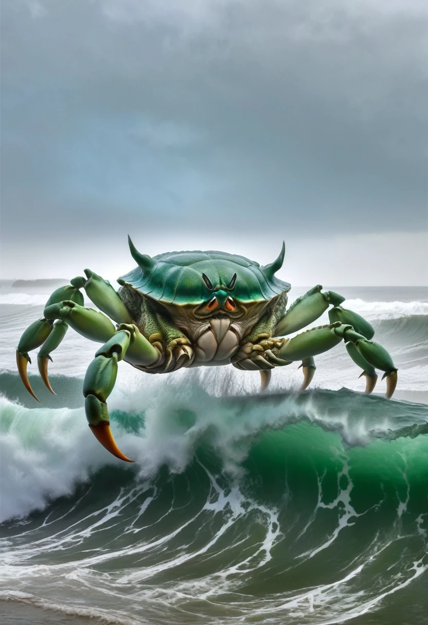 (A giant crab stands in the mist, glaring at you。),(5 metre tall creature:1.0),(Huge green eyes that are unusually bright:1.37)(Two giants' thick legs standing on a coral reef) ,,(The giant crab's shell is dark green),(Gold trim), (Deep blue, broad, oval abdomen), (Very hard and thick shell texture), (A pair of large, protruding compound eyes:0.8),(Unusually long and flexible antennae:1.1),(Length is about 1/3. Crab body width:0.5) ,(There are small pliers on the head),(Fresh fluff:0.8), Giant spiritual creature,The texture is clear,(The sky glows dark red),
background:Hazy sky,(Rough seas),(The Great Wave),Recife,(Safety:1.1), realism,amazing,Ultra Clear,Afterimage, Dutch Angle, From below, Sony FE GM, Chiaroscuro, Blurred, Hyper HD, masterpiece, Textured skin, Super detailed, Attention to detail, high quality, Awards, 最high quality, High resolution, 8K,amazing,Science,Future Fantasy,Cot,punk,