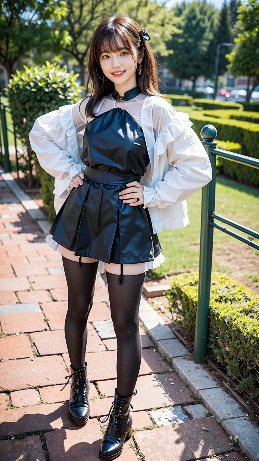 (8K、RAW Photos、Highest quality、masterpiece:1.2)、(Realistic、Realistic)、1 Girl、((Jacket、Black Mini Skirt、one piece、Frills、smile、Medium Hair、Pretty Cure Costume、See-through、tights、ribbon、boots、chest emphasis、whole body、garden、View from the front、Looking into the camera、Stand with your hands on your hips))、