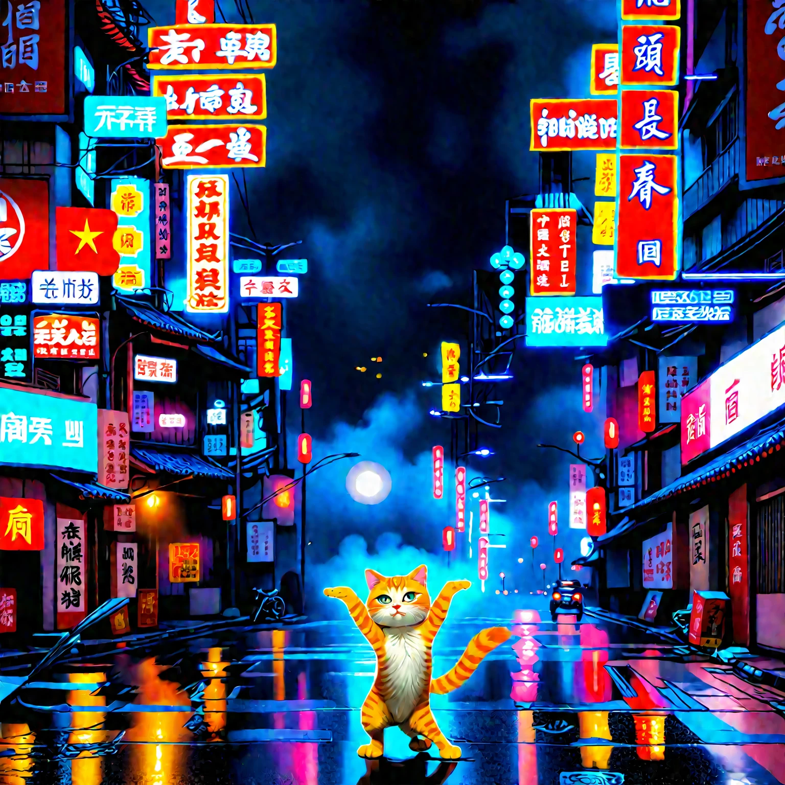 There is a ginger cat standing with hands raised on the road, Covered with Chinese advertisements, Powerful vfx at night in the city, Chinatown Blade Runner, digital anime painting style