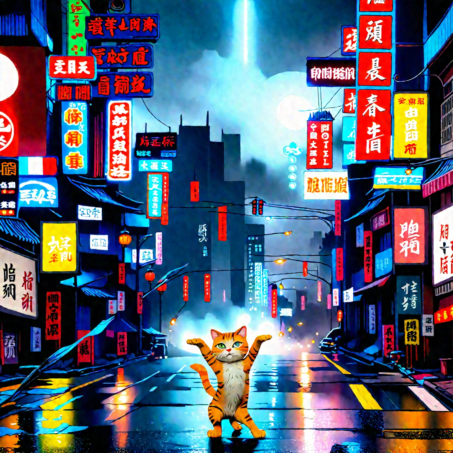 There is a ginger cat standing with hands raised on the road, Covered with Chinese advertisements, Powerful vfx at night in the city, Chinatown Blade Runner, digital anime painting style