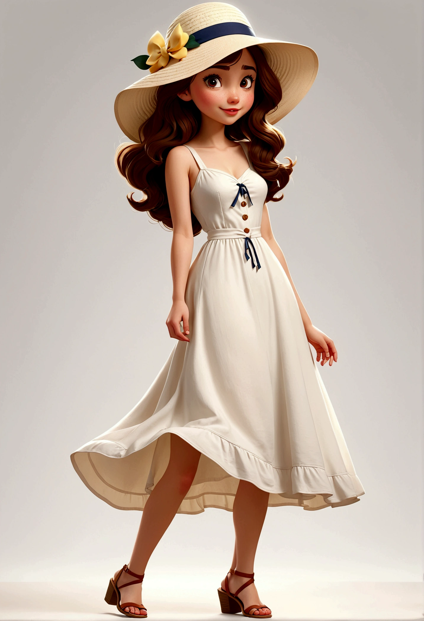 solo，1 Girl，18 years old，Wear casual clothing，White skin，Sun hat，Standing，dress，High-heeled sandals，feature, Disney style, Multiple poses and expressions, 4 positions, whole body, White background, Beautiful and delicate face，