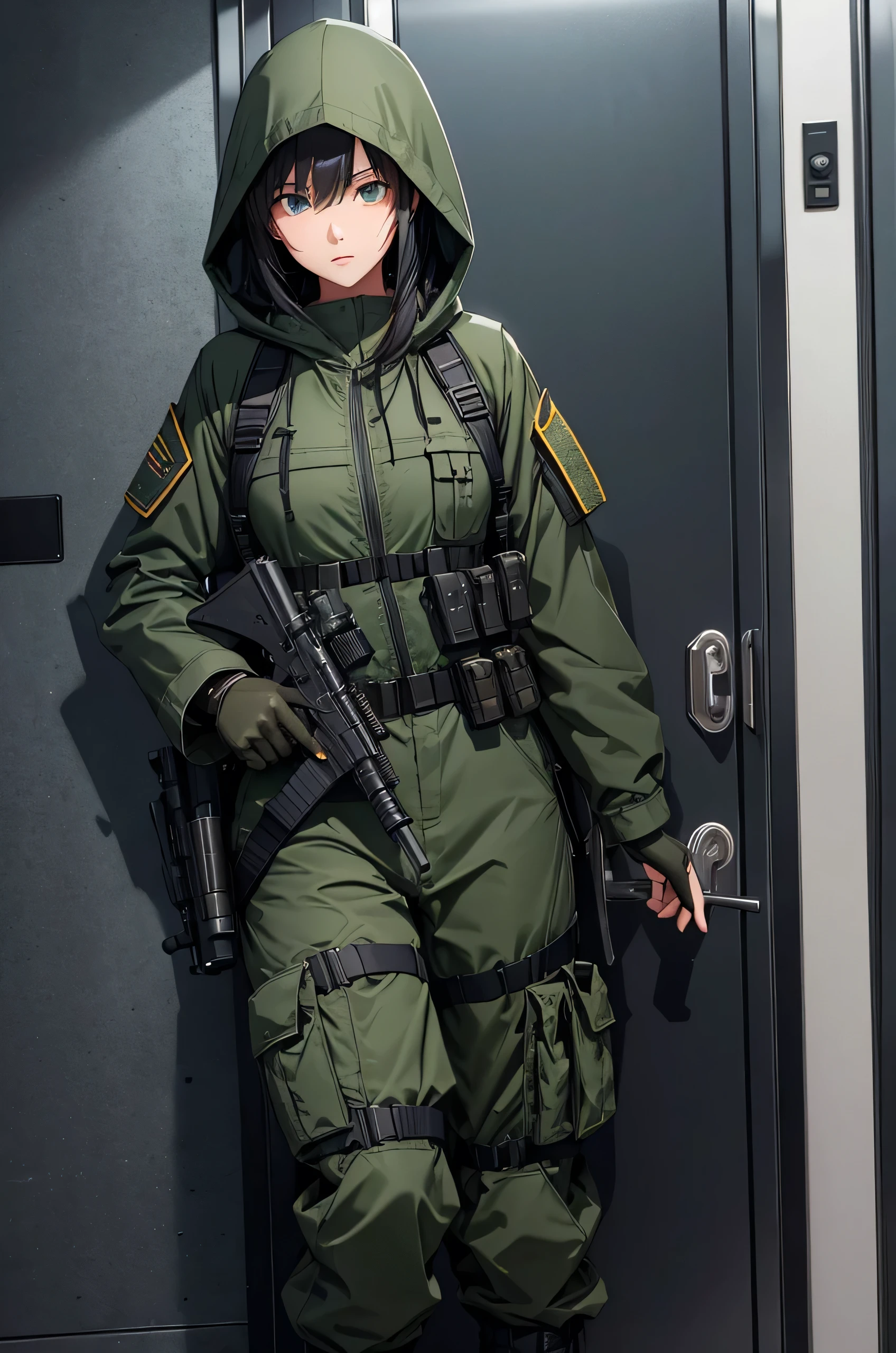 In front of the elevator door、A female soldier with a gun、Dark green M-51 hooded military uniform、Hooded on head、Military Pants、Tactical sling magazine pouch knee pads、Best quality、Very detailed、8K
