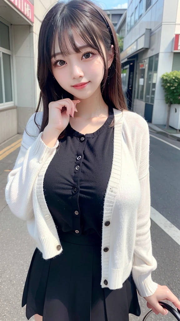 ((Photo of Pretty Japanese high school girl with super colossal breast)), ((wearing the white cardigan and black skirt)), ((top-quality, master piece, ultra-definition)), ((high resolution photo:1.2)), kawaii, cute, teens, only one person, Black hair, beautiful hair, Beautiful eyes, ((super gigantic breast:1.3)), big smile, enjoyed, laughing, Slender body, perfect body, ultra-detailed face, detailed lips, detailed eyes, double eyelid, shiny thighs, look at viewer, on the street