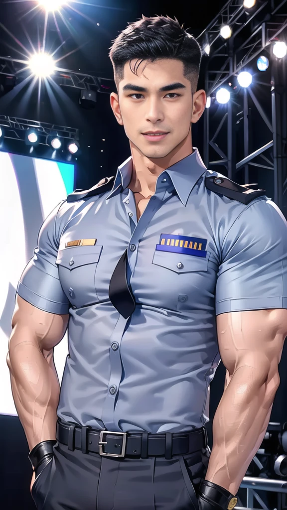 handsome man sit on the table ,(crew cut short hair:1.2),black eye,smile,open mouth
(navy police uniform:1.2),(shirt short sleeves:1.2),collar,(shirt covered over:1.2),(name tag and Police badge:1.2),(shirt no buttons:1.1),(black_gloves:1.3),
(Navy blue cargo:1.2),Korean guy,korean men,(High gloss details),(chest muscles:1.2),(large arm muscles:1.2),blood vessel,Big muscles,Broad shoulders,looking at the audience,Balancing the eyes,middle of the road,(stage:1.4),