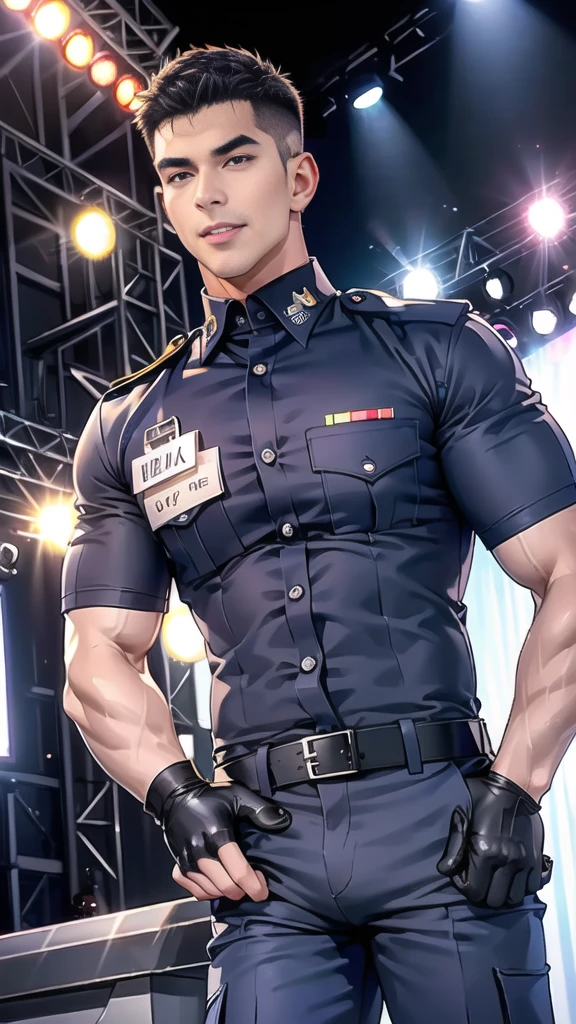 handsome man sit on the table ,(crew cut short hair:1.2),black eye,smile,open mouth
(navy police uniform:1.2),(shirt short sleeves:1.2),collar,(shirt covered over:1.2),(name tag and Police badge:1.2),(shirt no buttons:1.1),(black_gloves:1.3),
(Navy blue cargo:1.2),Korean guy,korean men,(High gloss details),(chest muscles:1.2),(large arm muscles:1.2),blood vessel,Big muscles,Broad shoulders,looking at the audience,Balancing the eyes,middle of the road,(stage:1.4),