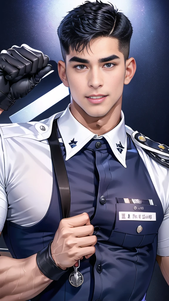 handsome man sit on the table ,(crew cut short hair:1.2),black eye,smile,open mouth
(navy police uniform:1.2),(shirt short sleeves:1.2),collar,(shirt covered over:1.2),(name tag and Police badge:1.2),(shirt no buttons:1.1),(black_gloves:1.3),
(Navy blue cargo:1.2),Korean guy,korean men,(High gloss details),(chest muscles:1.2),(large arm muscles:1.2),blood vessel,Big muscles,Broad shoulders,looking at the audience,Balancing the eyes,middle of the road,(stage:1.4),