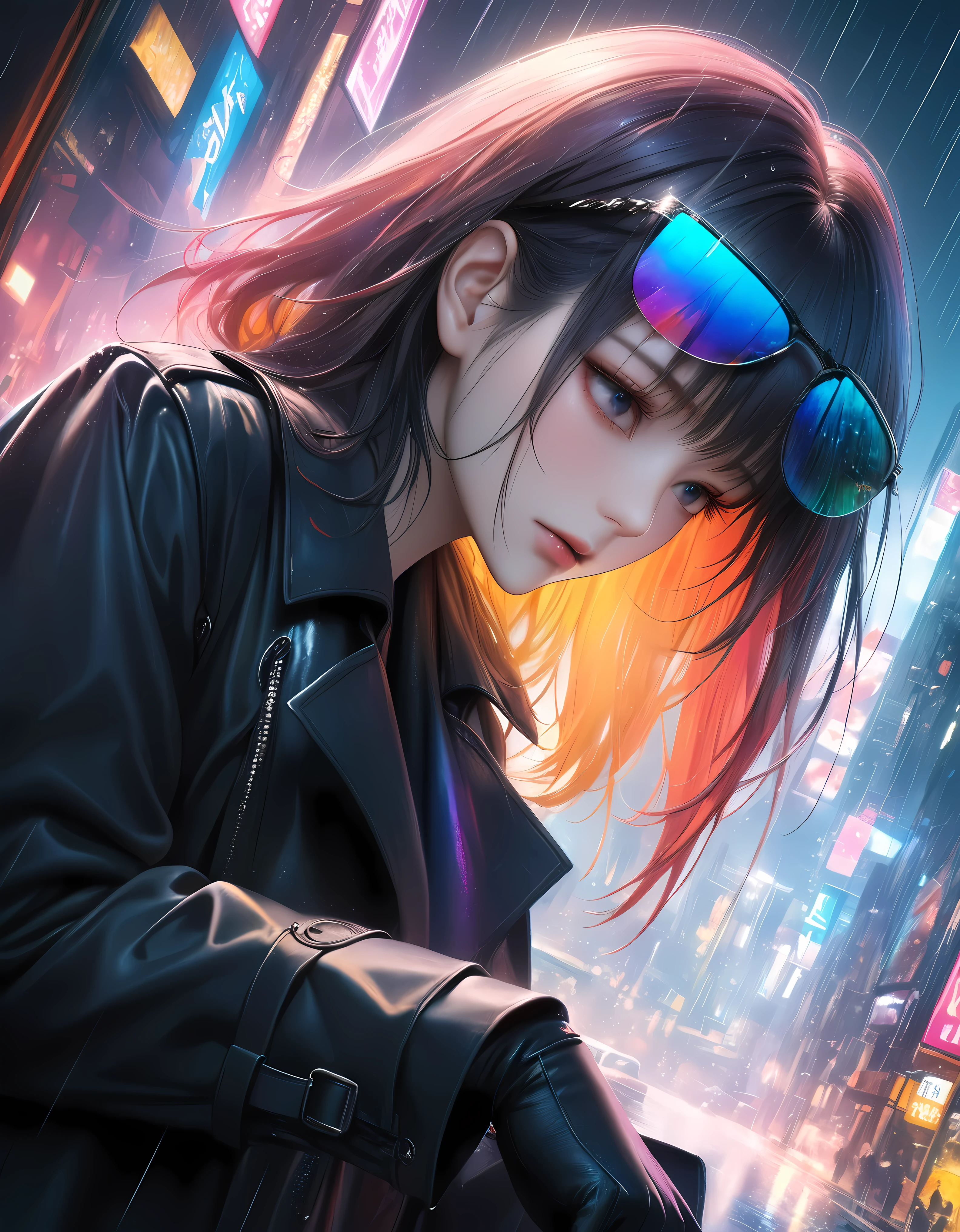((Masterpiece in maximum 16K resolution):1.6),((soft_color_photograpy:)1.5), ((Ultra-Detailed):1.4),((Movie-like still images and dynamic angles):1.3) | ((double contact):1.3), ((Dramatic Supermodel beauty in a Matrix black trench coat in a Neon Dystopian City):1.2), ((Superimposed on Red head Pretty European Female):1.1), ((Dark Neon lighting):1.3), ((Heavy rain):1.2), ((Tyndall Effect):1.2), (Matrix style sunglasses), Oil and ink on canvas, fine dark art, super dramatic light, photoillustration, amazing depth, the ultra-detailed, iridescent black, superfluous dreams, intricately details, amazing depth, Amazing atmosphere, Mesmerizing whimsical vibrant landscapes, ((Black Trench Coat):1.2), ((hand gloves):1.1), Maximalism ((beautiful outside, Ugly inside, pressure and pain, beauty and despair, hard and soft, positive and negative, hot and cold, Sweet and sour, Vibrant but boring, Perfect harmony, light and shadows, old and young, Black and white, Corresponding color, loud and quiet, Chaos and peace, life and death):1.2) The complex masterpiece of a real-time engineering leader. | Rendered in ultra-high definition with UHD and retina quality, this masterpiece ensures anatomical correctness and textured skin with super detail. With a focus on high quality and accuracy, this award-winning portrayal captures every nuance in stunning 16k resolution, immersing viewers in its lifelike depiction. | ((perfect_composition, perfect_design, perfect_layout, perfect_detail, ultra_detailed)), ((enhance_all, fix_everything)), More Detail, Enhance.