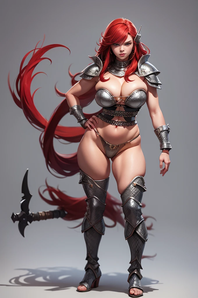 barbarian in chainmail bikini, red hair, full body shot, fully armoured, blank background, white background
