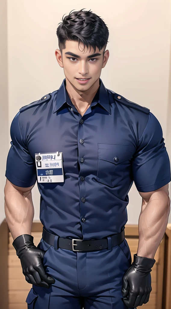 handsome man sit on the table ,(crew cut short hair:1.2),black eye,smile,open mouth (navy police uniform:1.2),(shirt short sleeves:1.2),collar,(shirt covered over:1.2),(name tag and Police badge:1.3),(shirt no buttons:1.1),(black_gloves:1.3), (Navy blue cargo:1.2),Korean guy,korean men,(High gloss details),(chest muscles:1.2),(large arm muscles:1.2),blood vessel,Big muscles,Broad shoulders,looking at the audience,Balancing the eyes,middle of the road,(stage:1.2),