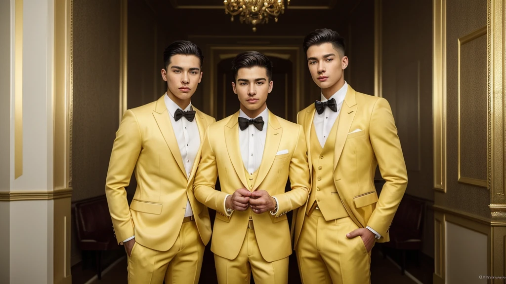 Three 25-year-old boys, with a masculine appearance, wearing a YELLOW suit. The scene depicts a masterpiece of art, showcasing the boy's professional and wealthy lifestyle. The image is of the best quality, with ultra-detailed features. The color tone is rich and vibrant ,masterpiece, ultra realistic, detailed face, detailed fingers