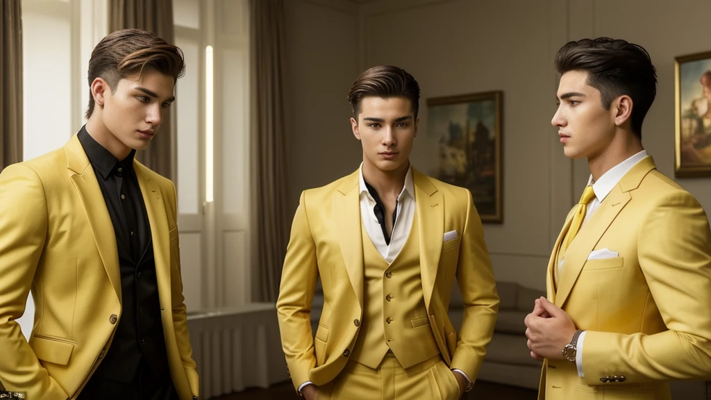 Three 25-year-old boys, with a masculine appearance, wearing a YELLOW suit. The scene depicts a masterpiece of art, showcasing the boy's professional and wealthy lifestyle. The image is of the best quality, with ultra-detailed features. The color tone is rich and vibrant ,masterpiece, ultra realistic, detailed face, detailed fingers