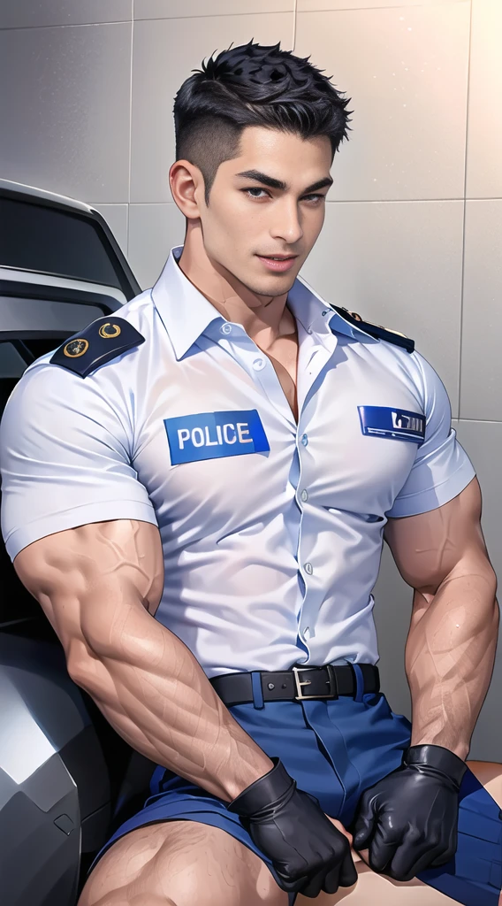 handsome man sit on the table ,(crew cut short hair:1.2),black eye,smile,open mouth (navy police uniform:1.2),(shirt short sleeves:1.2),collar,(shirt covered over:1.2),(name tag and Police badge:1.3),(shirt no buttons:1.1),(black_gloves:1.3), (Navy blue cargo:1.2),Korean guy,korean men,(High gloss details),(chest muscles:1.2),(large arm muscles:1.2),blood vessel,Big muscles,Broad shoulders,looking at the audience,Balancing the eyes,middle of the road,(stage:1.2),