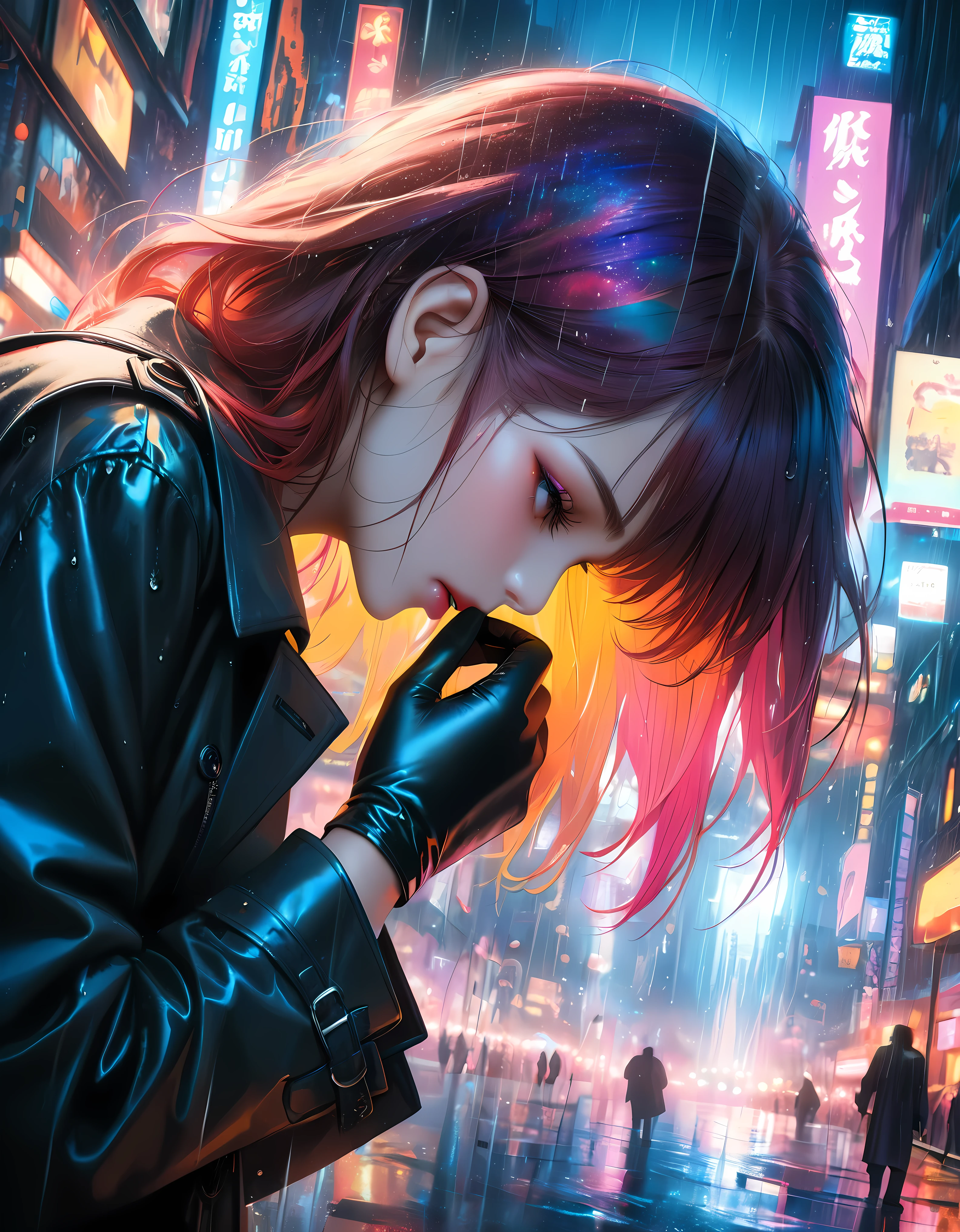 ((Masterpiece in maximum 16K resolution):1.6),((soft_color_photograpy:)1.5), ((Ultra-Detailed):1.4),((Movie-like still images and dynamic angles):1.3) | ((double contact):1.3), ((Dramatic Supermodel beauty in a Matrix black trench coat in a Neon Dystopian City):1.2), ((Superimposed on Red head Pretty European Female):1.1), ((Dark Neon lighting):1.3), ((Heavy rain):1.2), ((Tyndall Effect):1.2), (Matrix style sunglasses), Oil and ink on canvas, fine dark art, super dramatic light, photoillustration, amazing depth, the ultra-detailed, iridescent black, superfluous dreams, intricately details, amazing depth, Amazing atmosphere, Mesmerizing whimsical vibrant landscapes, ((Black Trench Coat):1.2), ((hand gloves):1.1), Maximalism ((beautiful outside, Ugly inside, pressure and pain, beauty and despair, hard and soft, positive and negative, hot and cold, Sweet and sour, Vibrant but boring, Perfect harmony, light and shadows, old and young, Black and white, Corresponding color, loud and quiet, Chaos and peace, life and death):1.2) The complex masterpiece of a real-time engineering leader. | Rendered in ultra-high definition with UHD and retina quality, this masterpiece ensures anatomical correctness and textured skin with super detail. With a focus on high quality and accuracy, this award-winning portrayal captures every nuance in stunning 16k resolution, immersing viewers in its lifelike depiction. | ((perfect_composition, perfect_design, perfect_layout, perfect_detail, ultra_detailed)), ((enhance_all, fix_everything)), More Detail, Enhance.