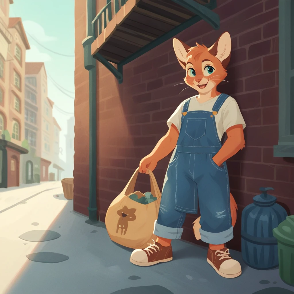 Depicts a very pitiful anthropomorphic kitten,Wearing a tattered red linen shirt and denim overalls, Worn-out cloth shoes, Carrying an oversized bag, Higher than oneself. This, Kittens are placed in a city alley, A dark corner of the city,The ground is littered with trash and bottles. Images should be presented in a vector illustration style, Keep the original concept,But turning it into a clearer, A more stylized form,Emphasizes the contrast between the innocence of the characters and the severity of their urban surroundings.