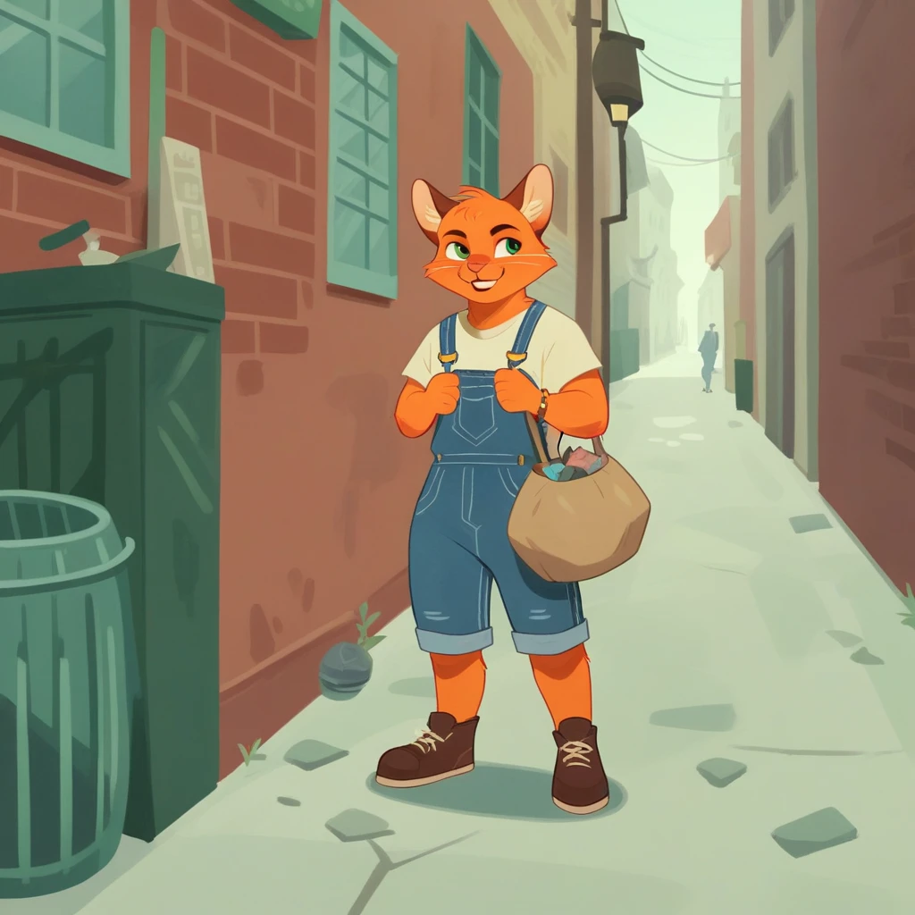 Depicts a very pitiful anthropomorphic kitten,Wearing a tattered red linen shirt and denim overalls, Worn-out cloth shoes, Carrying an oversized bag, Higher than oneself. This, Kittens are placed in a city alley, A dark corner of the city,The ground is littered with trash and bottles. Images should be presented in a vector illustration style, Keep the original concept,But turning it into a clearer, A more stylized form,Emphasizes the contrast between the innocence of the characters and the severity of their urban surroundings.