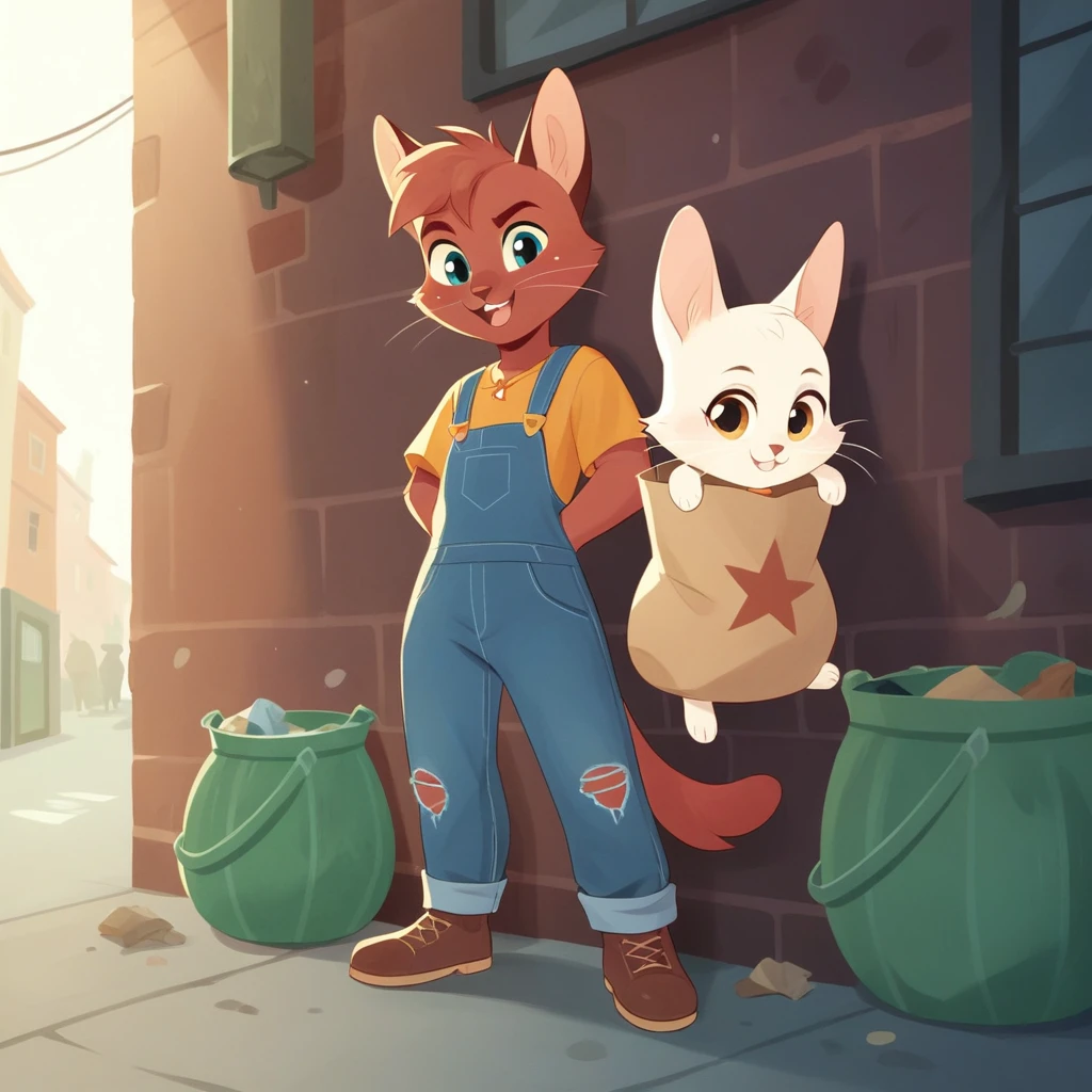 Depicts a very pitiful anthropomorphic kitten，Wearing a tattered red linen shirt and denim overalls, Worn-out cloth shoes, Carrying an oversized bag, Higher than oneself. This, Kittens are placed in a city alley, A dark corner of the city，The ground is littered with trash and bottles. Images should be presented in a vector illustration style, Keep the original concept，But turning it into a clearer, A more stylized form，Emphasizes the contrast between the innocence of the characters and the severity of their urban surroundings.