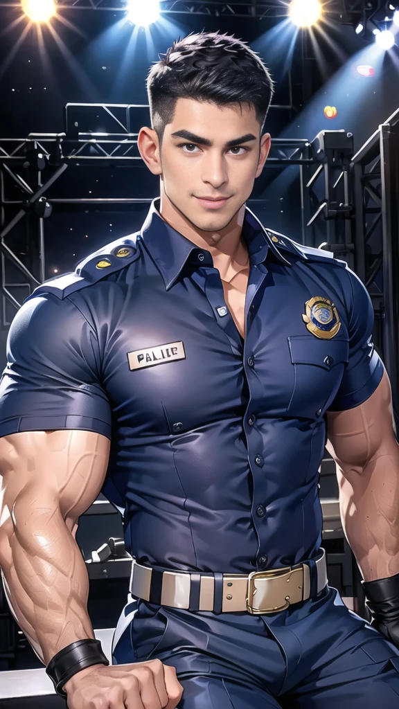 handsome man sit on the table ,(crew cut short hair:1.2),black eye,smile,open mouth (navy police uniform and t-shirt:1.2),(open shirt short sleeves:1.2),collar,(shirt covered over:1.2),(name tag and Police badge:1.2),(shirt no buttons:1.1),(black_gloves:1.3), (Navy blue cargo:1.2),Korean guy,korean men,(High gloss details),(chest muscles:1.2),(large arm muscles:1.2),blood vessel,Big muscles,Broad shoulders,looking at the audience,Balancing the eyes,middle of the road,(stage:1.4)