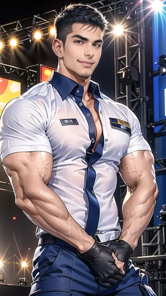 handsome man sit on the table ,(crew cut short hair:1.2),black eye,smile,open mouth (navy police uniform and t-shirt:1.2),(open shirt short sleeves:1.2),collar,(shirt covered over:1.2),(name tag and Police badge:1.2),(shirt no buttons:1.1),(black_gloves:1.3), (Navy blue cargo:1.2),Korean guy,korean men,(High gloss details),(chest muscles:1.2),(large arm muscles:1.2),blood vessel,Big muscles,Broad shoulders,looking at the audience,Balancing the eyes,middle of the road,(stage:1.4)