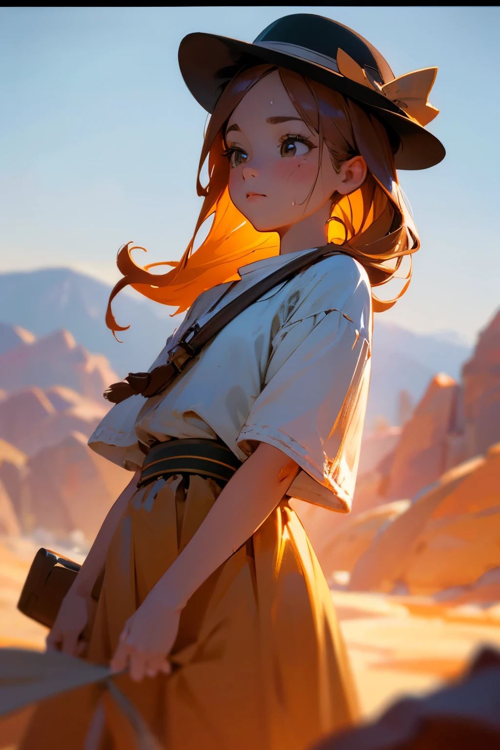 Chibi Girl、Walking along a straight road in Valley of Fire State Park、hat、Sweat、heat haze、No green、I can see a big rock mountain、Very detailed、Ultra-realistic、Photorealistic、8K、Hyperrealistic、masterpiece、Beautiful detailed eyes、Beautiful detailed lips、Very detailedな顔、Long eyelashes、Beautiful young girl、Calm expression、Warm colors、Beautiful lighting、Cinematic、Intricate details、Bright colors、Soft Focus、Depth of written boundary