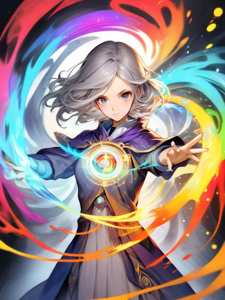 1girl, A Russian girl in her early 20s with ash grey hair,  Create an image of a chronomancer, a time-manipulating mage with the power to alter the flow of time and peer into the past and future, The background is a colorful swirl