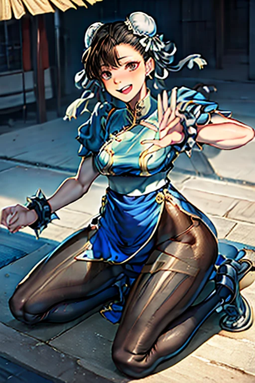 Chun-Li from Street Fight II,The perfect Chun-Li costume,Blue Chinese dress with gold lines,Bunhead,Good cover,Fighting Pose,masterpiece、1 beautiful girl、Beautiful Eyes、Puffy eyes、Highest quality, 超High resolution, (reality: 1.4), Cinema Lighting、Japanese、Asian Beauty、so beautiful、Beautiful Skin、Body facing forward、Face close-up、(超reality的な)、(High resolution)、(8K)、(Very detailed)、(美しくBeautiful Eyes)、(Very detailedな)、 (wall-)、Detailed face、Bright lighting、Professional Lighting、Diagonal bangs、Nogizaka idol、masterpiece, Highest quality, masterpiece, Highest quality, Perfect Face, Perfect brown eyes with white sclera, Bad move -5, alone, 1 Girl, Upper Body, Brown Hair, From SF2, Chinese Language Services, smile, Muscular woman, Blue clothes, pantyhose, Pelvic Curtain, Puff short sleeves, Good cover, sash,Chopped up Chinese dress、Bleeding from many wounds、Both hands and feet are tied with ropes、Get down on one knee。