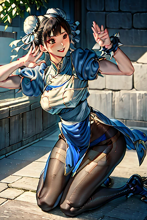 Chun-Li from Street Fight II,The perfect Chun-Li costume,Blue Chinese dress with gold lines,Bunhead,Good cover,Fighting Pose,masterpiece、1 beautiful girl、Beautiful Eyes、Puffy eyes、Highest quality, 超High resolution, (reality: 1.4), Cinema Lighting、Japanese、Asian Beauty、so beautiful、Beautiful Skin、Body facing forward、Face close-up、(超reality的な)、(High resolution)、(8K)、(Very detailed)、(美しくBeautiful Eyes)、(Very detailedな)、 (wall-)、Detailed face、Bright lighting、Professional Lighting、Diagonal bangs、Nogizaka idol、masterpiece, Highest quality, masterpiece, Highest quality, Perfect Face, Perfect brown eyes with white sclera, Bad move -5, alone, 1 Girl, Upper Body, Brown Hair, From SF2, Chinese Language Services, smile, Muscular woman, Blue clothes, pantyhose, Pelvic Curtain, Puff short sleeves, Good cover, sash,Chopped up Chinese dress、Bleeding from many wounds、Both hands and feet are tied with ropes、Get down on one knee。