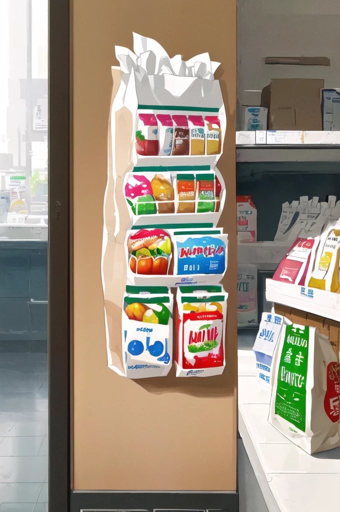 ((best quality)), ((masterpiece)), (detailed), loose watercolor, minimalist, create a picture of a cartoon grocery paper bag full of a lot healthy food, against plain brilliant white background, isolated, fresh, tasty, delicious, vibrant color. the grocery paper bag is sitting on a white brilliant surface, detailed. 8k