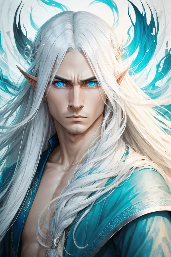 Pop album cover art, dramatic  man elf, long white hair, blue eyes