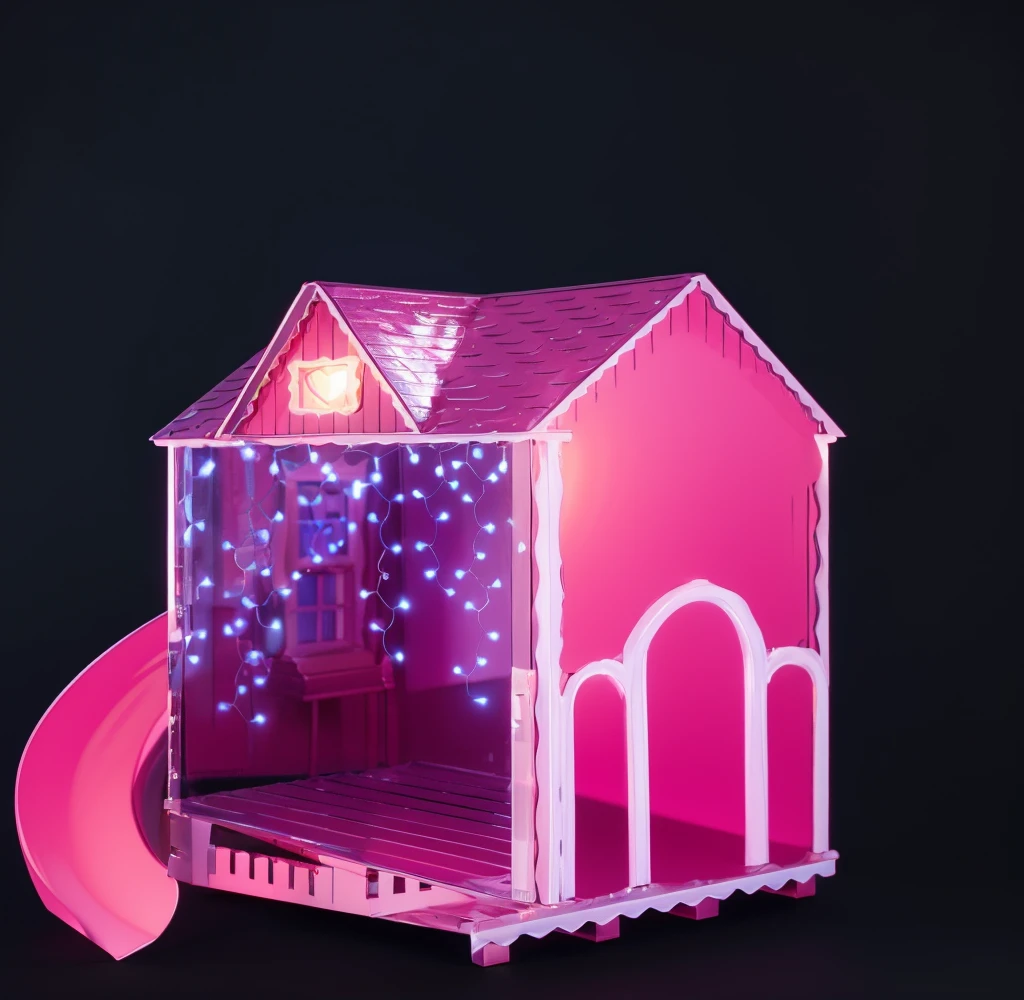 a pink and white fairy tale cottage with a pink snake and a heart on the roof, and a small stage in the back. 3d style, simplified design, 3d render, glossy texture, smooth 3d model, multiple light sources, rim light, sharp post effects render, (glossy plastic texture with multiple big light probe refractions), perfect cgi, smooth silhouette, high intensity refraction, (super glossy material), most beautiful vfx , blue background, plastic refractions, realistic, 4k, high resolution, rim light, photo shoot, commercial photo, profile shot, 4k, rim light, high resolution, 4k, glossy texture, smooth 3d model, multiple light sources, rim light, sharp post effects render, (glossy metallic texture with multiple big light probe refractions), perfect cgi, cgi art created only with gradients, smooth silhouette, high intensity refraction, (super glossy chrome material), most beautiful vfx, blue background, chrome metal refractions, multiple light sources, rim light, sharp post effects render, perfect cgi, digital art, detailed digital art, reflective, best quality, 4k, masterpiece:1.2, ultra-detailed, realistic, vivid colors, dark and moody lighting, The image of the highest quality, ensuring every detail is showcased perfectly. It in 4k resolution, allowing viewers to immerse themselves in the richness of the colors and intricate details. The realistic rendering. under the spotlight, reflecting, high-resolution image, realistic rendering, dark background, and rim light photorealistic