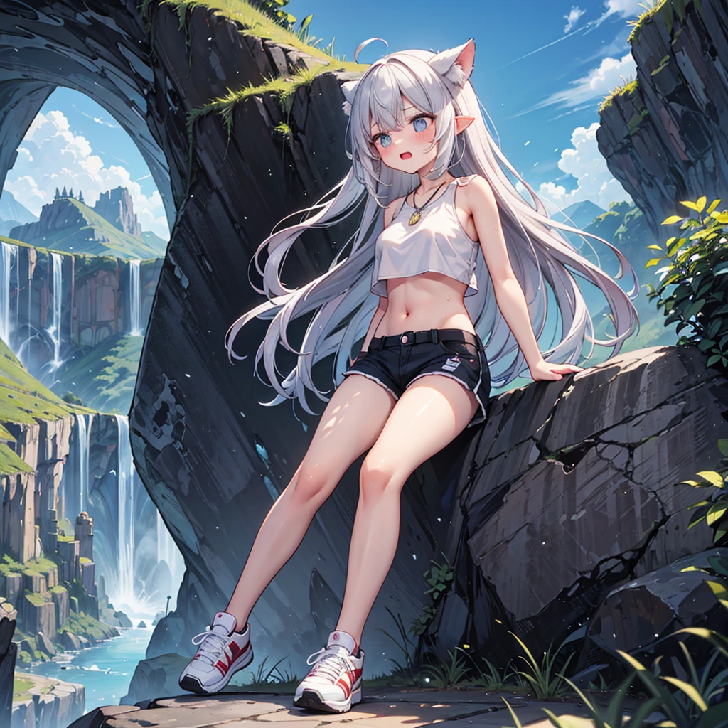 (((masterpiece))), (((best quality))), (((from below))), (((full body))), (((free solo climbing))), ((hands on cliff)), ((raise head)), ((sweat)), ((tan skin)), ((fluttering hair)), ((sneakers)), ((pendant)), (crop top), (shorts), holster, fog, sky, jungle, canyon, high sky, wind, solo, 1girl,young adult, cleavage, ((big tits)), open mouth, longhair, shy, blush, slim figure, raining
