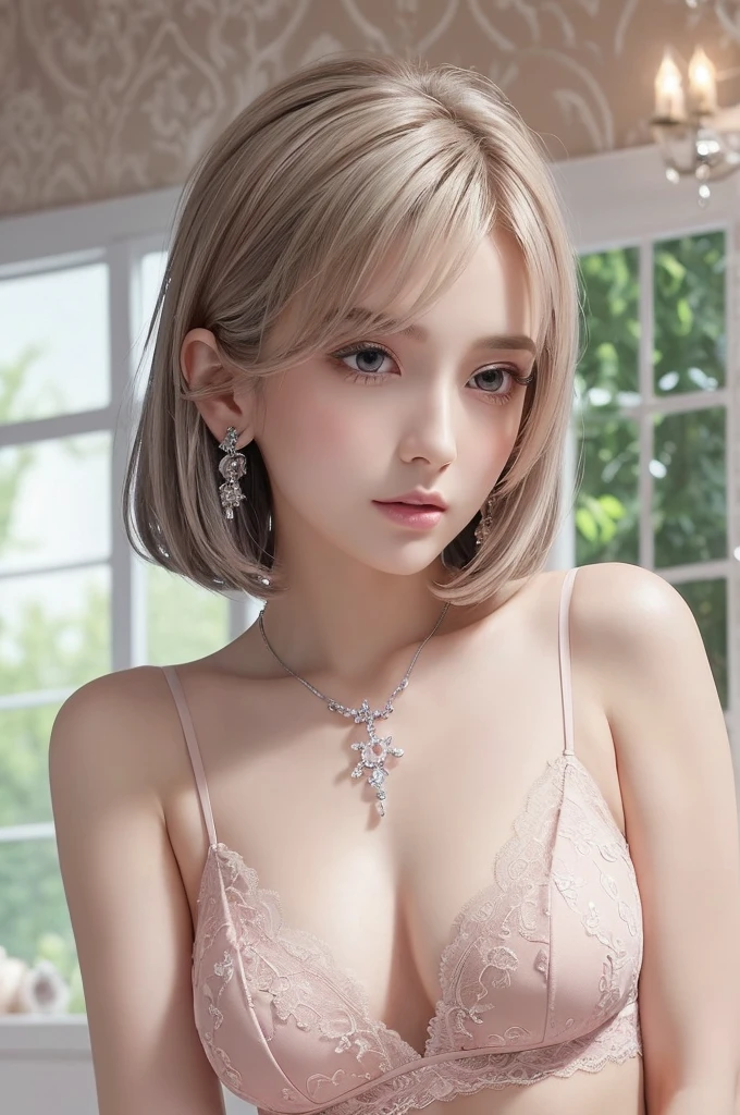 pink lace thong&Good, (((Very elegant and beautiful, Perfect detail, Super detailed))), whole body, The most detailed girl, Depth of written boundary, 美しく詳細なwhole body, Thin legs, 1 girl, 30 years old, Very short hair, Spiked Hair, Gray and silver hair, Beautiful detailed hair, Perfect Face, Expressionless, Beautifully detailed deep eyes, Open your mouth a little, Delicate arms and hands, Pale skin, Earrings, Beautiful and gorgeous necklace, Colorful background, HD background, Blurred Background, Very delicate and beautiful, Masterpiece, (((Highest quality, Very beautiful 8K CG wallpaper))), (((Trendy hairstyles))), (Inside the room,Stylish interior,window),