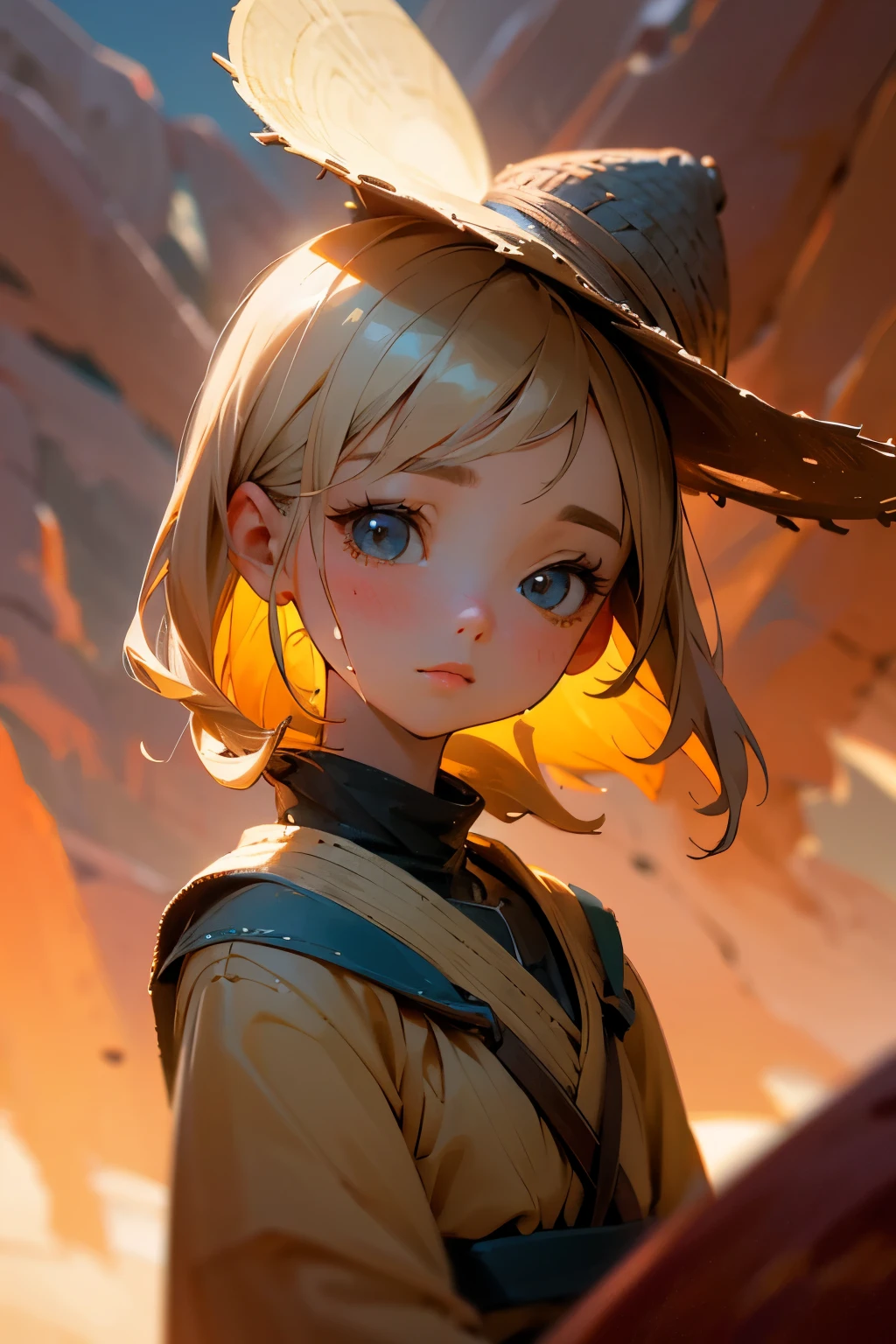 Chibi Girl、Walking along a straight road in Valley of Fire State Park、hat、Sweat、heat haze、No green、I can see a big rock mountain、Very detailed、Ultra-realistic、Photorealistic、8K、Hyperrealistic、masterpiece、Beautiful detailed eyes、Beautiful detailed lips、Very detailedな顔、Long eyelashes、Beautiful young girl、Calm expression、Warm colors、Beautiful lighting、Cinematic、Intricate details、Bright colors、Soft Focus、Depth of written boundary