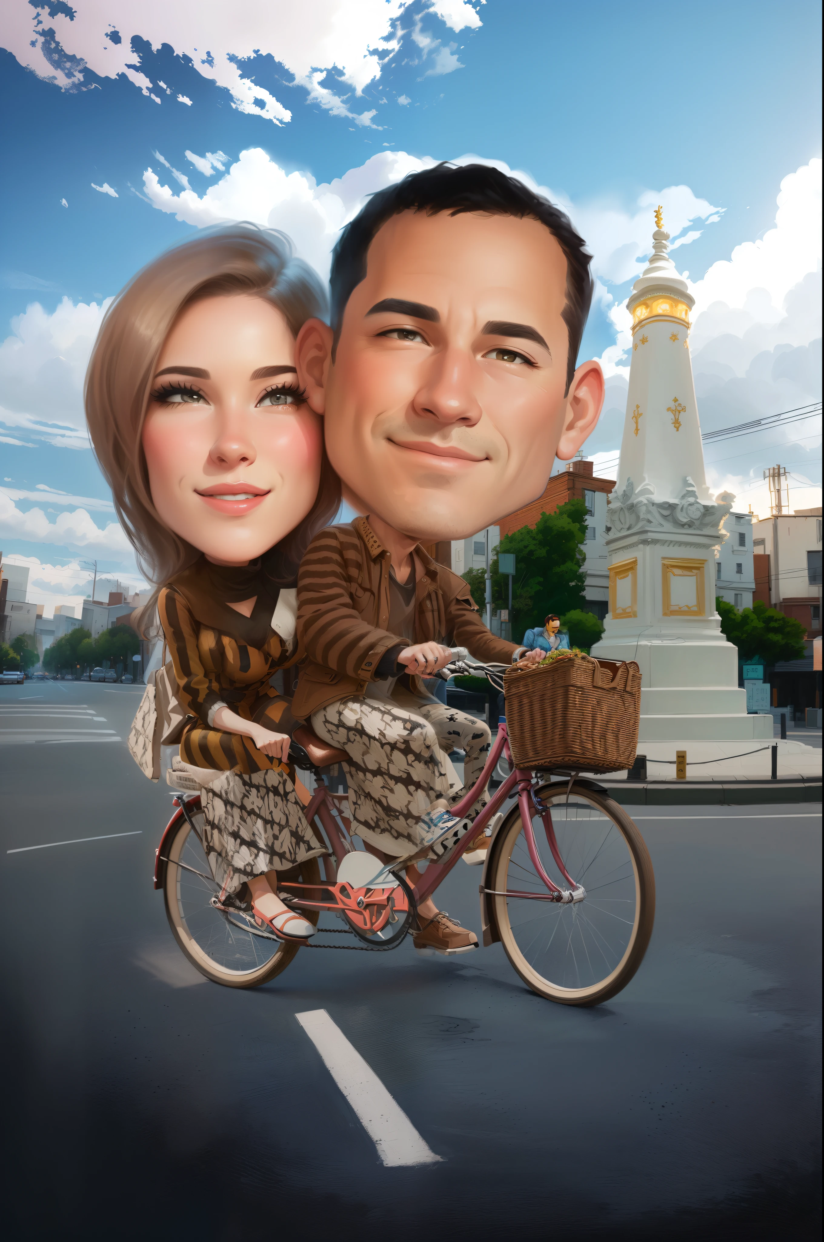 arafed image of a man and woman riding a bicycle, caricature illustration, caricature, digital art cartoon, cartoon digital art, caricature style, cartoon portrait, cartoon artstyle, caricature!!!, cartoon digital painting, in cartoon style, happy couple, couple portrait, digital cartoon painting art, couple, potrait, realistic portrait photo, cartoon art, realism artstyle