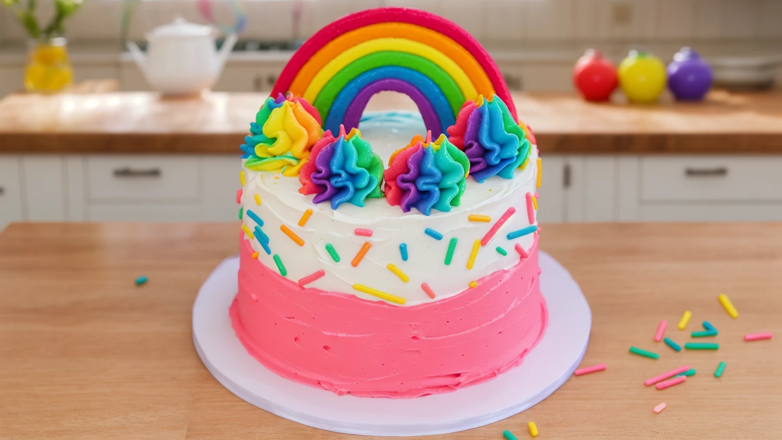 A vibrant and colorful cake with a rainbow decoration on top. The cake has pink and white frosting with rainbow sprinkles scattered on it. The top of the cake features multi-colored swirls of frosting in blue, purple, green, yellow, and orange. The background is a cozy kitchen with soft, warm lighting.