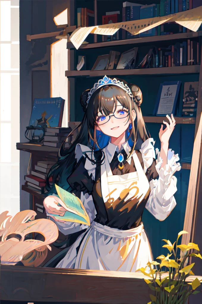 sagisawa fumika, 1girl, solo, bookshelf, blue eyes, black hair, alternate costume, maid headdress, apron, enmaided, smile, juliet sleeves, dress, long sleeves, puffy sleeves, bespectacled, looking at viewer, book, maid apron, single hair bun, breasts, library, white apron, hair bun, indoors, blush, brooch, frills, black dress, official alternate costume, large breasts, long hair, sidelocks, round eyewear