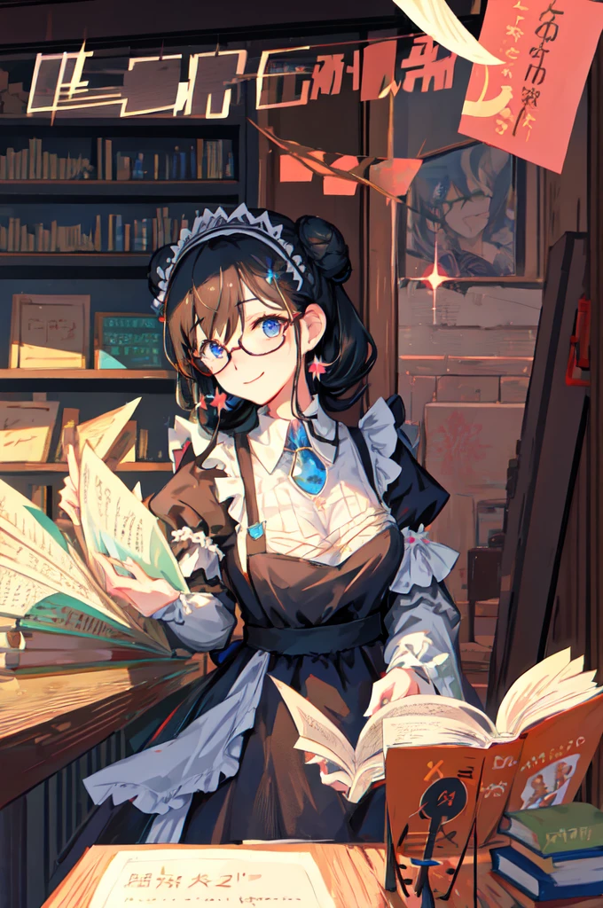 sagisawa fumika, 1girl, solo, bookshelf, blue eyes, black hair, alternate costume, maid headdress, apron, enmaided, smile, juliet sleeves, dress, long sleeves, puffy sleeves, bespectacled, looking at viewer, book, maid apron, single hair bun, breasts, library, white apron, hair bun, indoors, blush, brooch, frills, black dress, official alternate costume, large breasts, long hair, sidelocks, round eyewear